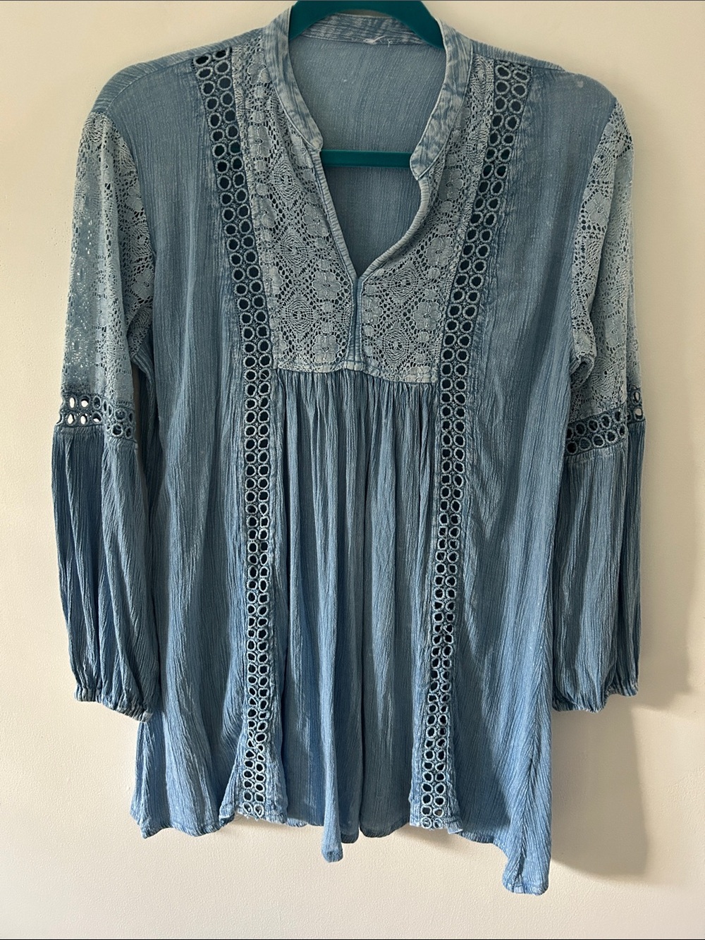 Boho Y2K Light Blue Lace-Trim Women's Peasant Top Eyelet Detail Cottagecore - Picture 10 of 12